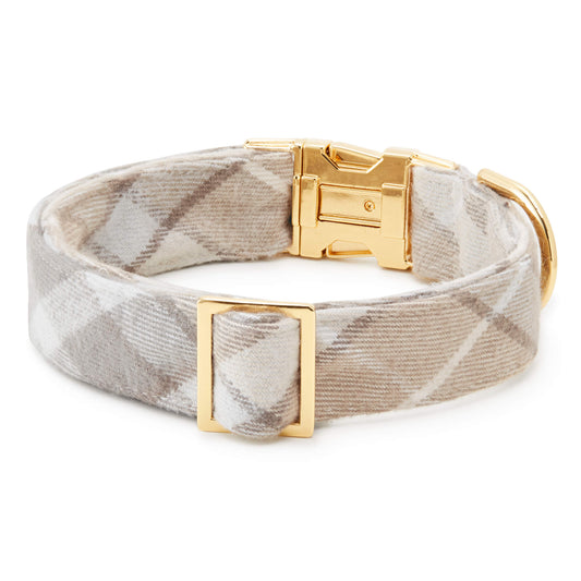 Beige & Cream Plaid Flannel Dog Collar with Gold Hardware