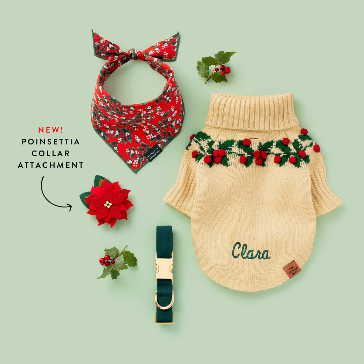 Cream Holly Berry Knit Turtleneck Dog Sweater with Leash Opening