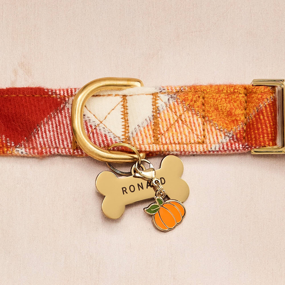 Orange & Cream Plaid Flannel Dog Collar with Gold Hardware