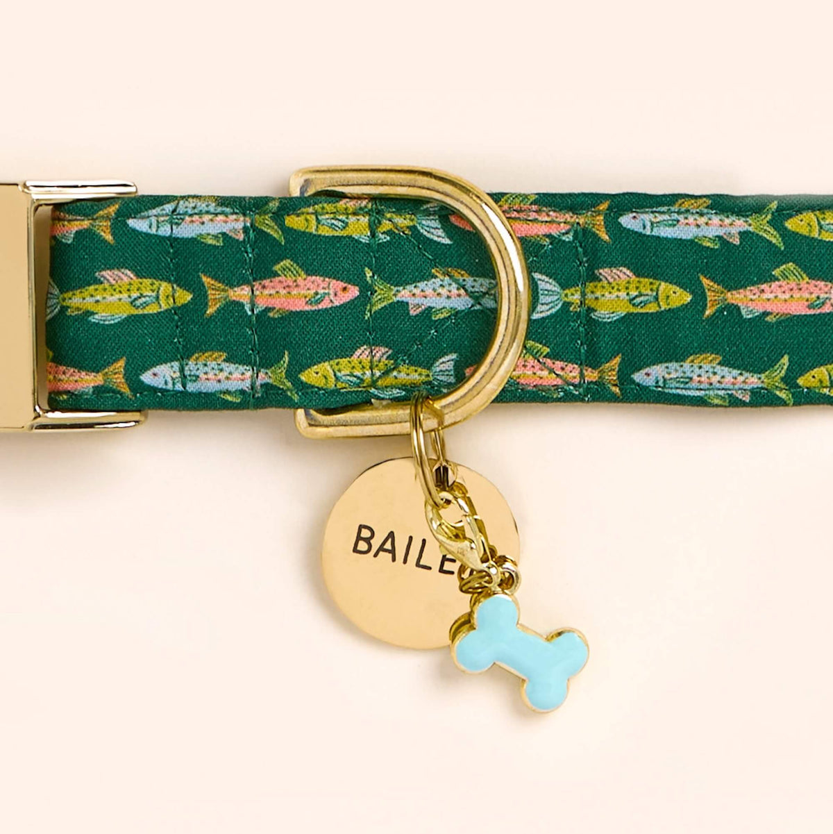 Green Fish Print Cotton Dog Collar with Brass D-Ring
