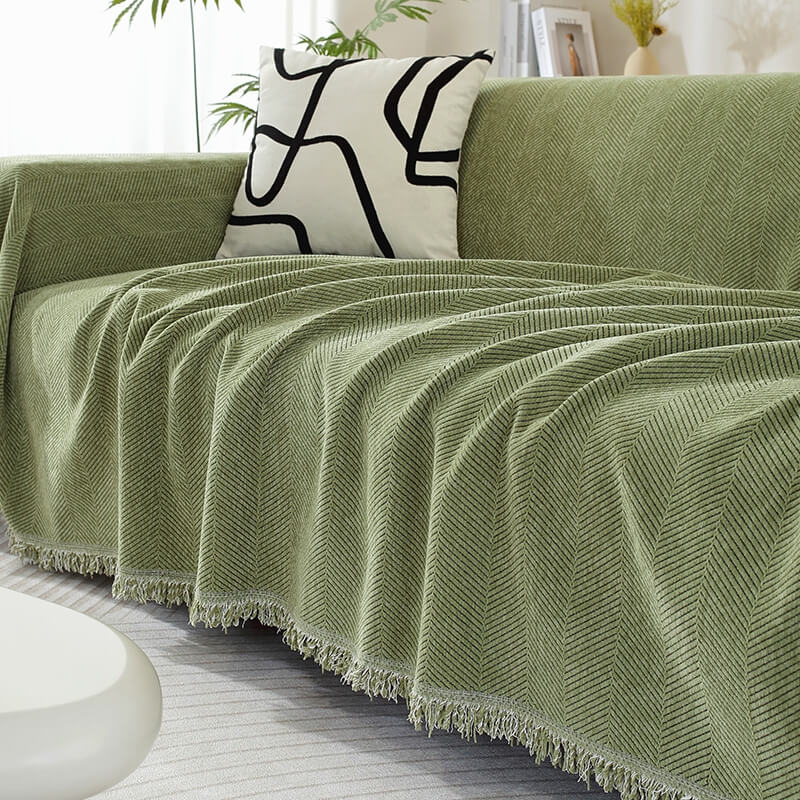Herringbone Chenille Couch Cover Throw with Tassel Edges