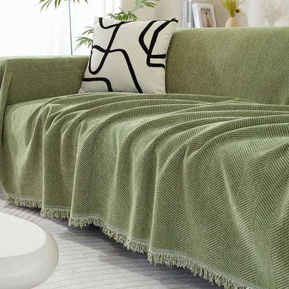 Herringbone Chenille Couch Cover Throw with Tassel Edges