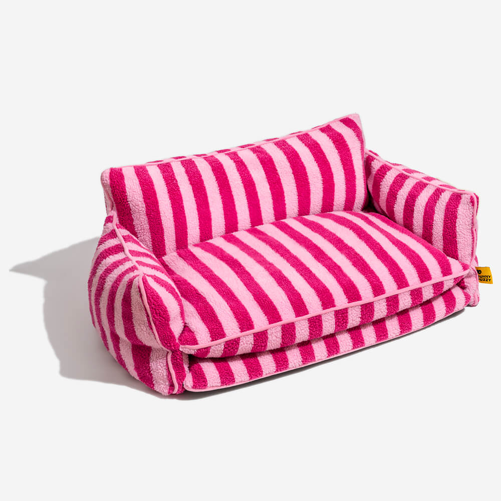 Striped Faux Lambswool Dog and Cat Sofa Bed with Removable Cushion