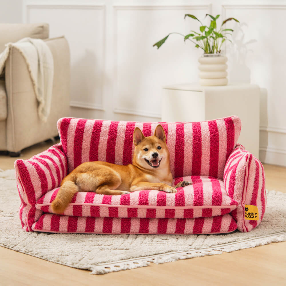Striped Faux Lambswool Dog and Cat Sofa Bed with Removable Cushion