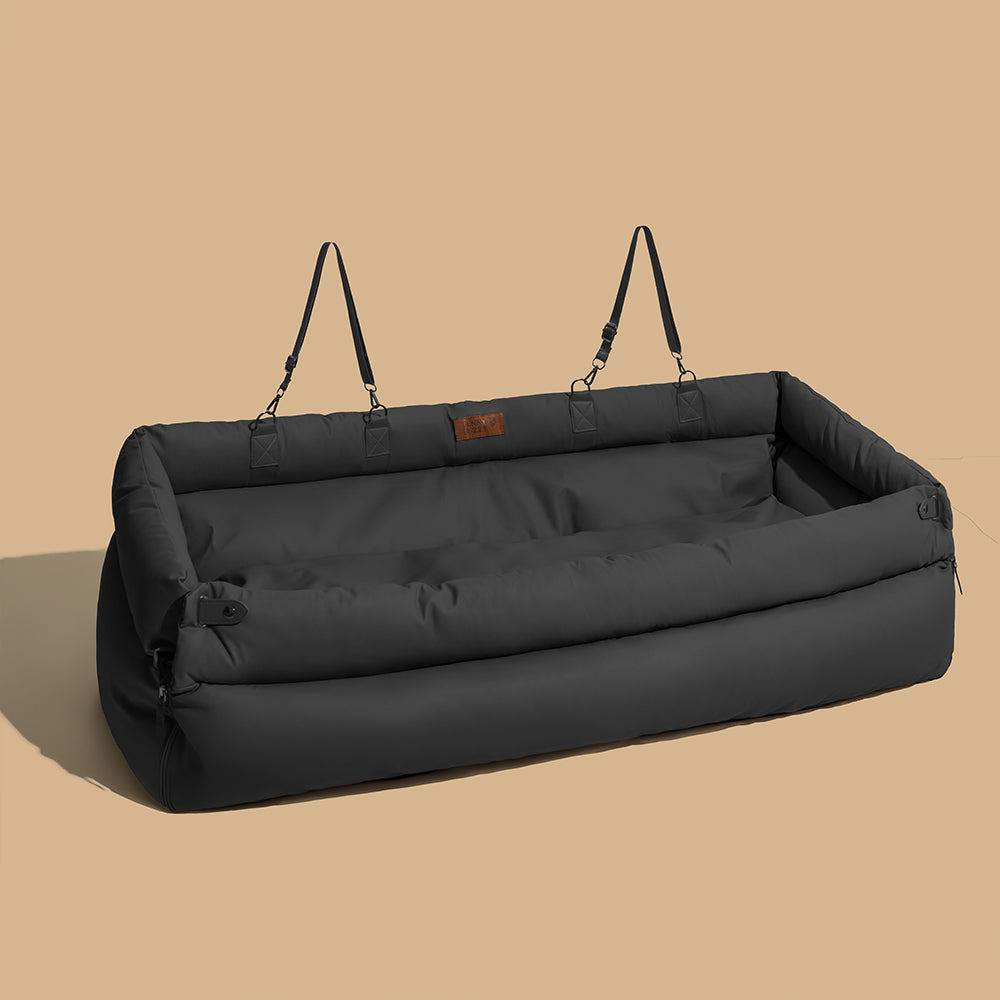 Faux Leather Dog Car Booster Bed with Safety Leash, Waterproof