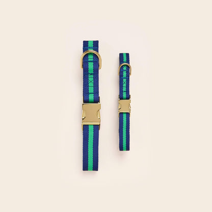 Navy & Green Striped Cotton Dog Collar with Soft Lining and Brass D-Ring