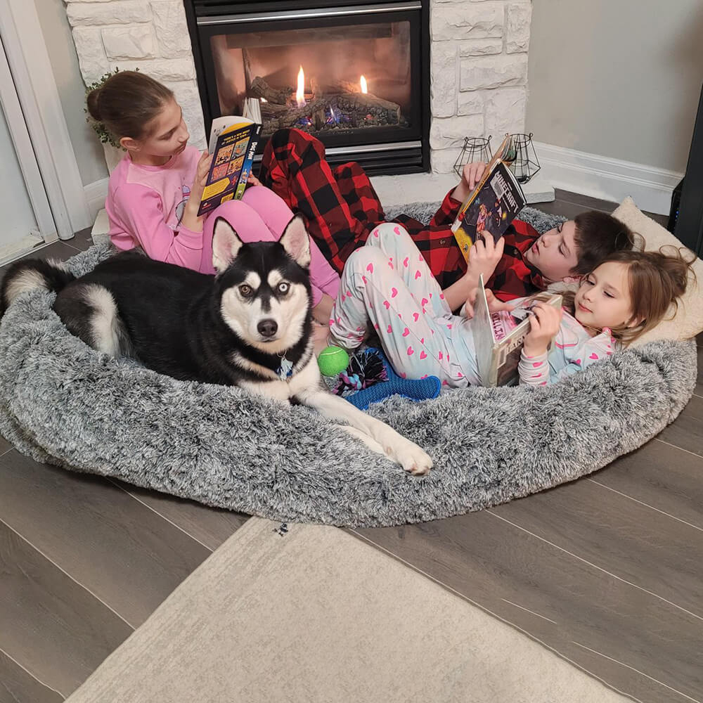 Extra-Large Oval Faux Fur Dog Bed with Throw Blanket, Grey or Brown
