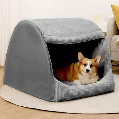 Khaki or Grey Flannel Dog Tent Bed, Semi-Enclosed and Washable