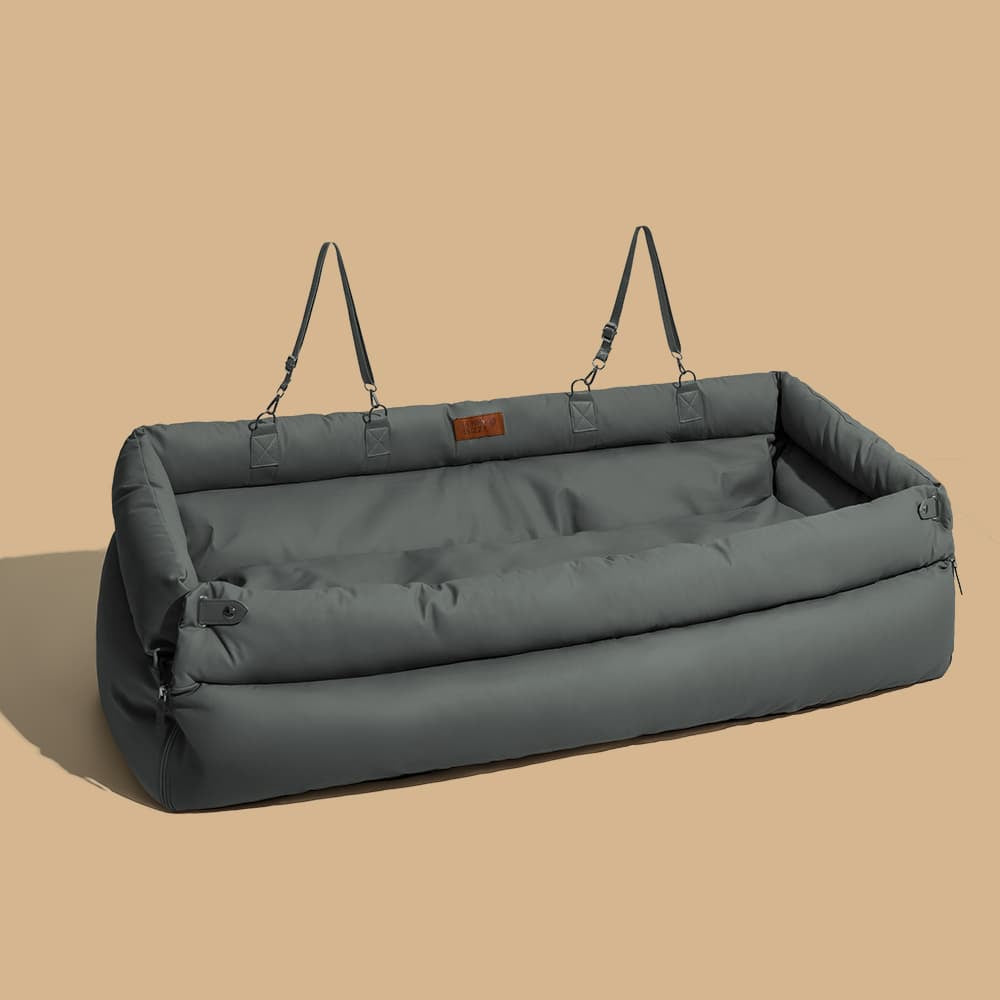 Faux Leather Dog Car Booster Bed with Safety Leash, Waterproof