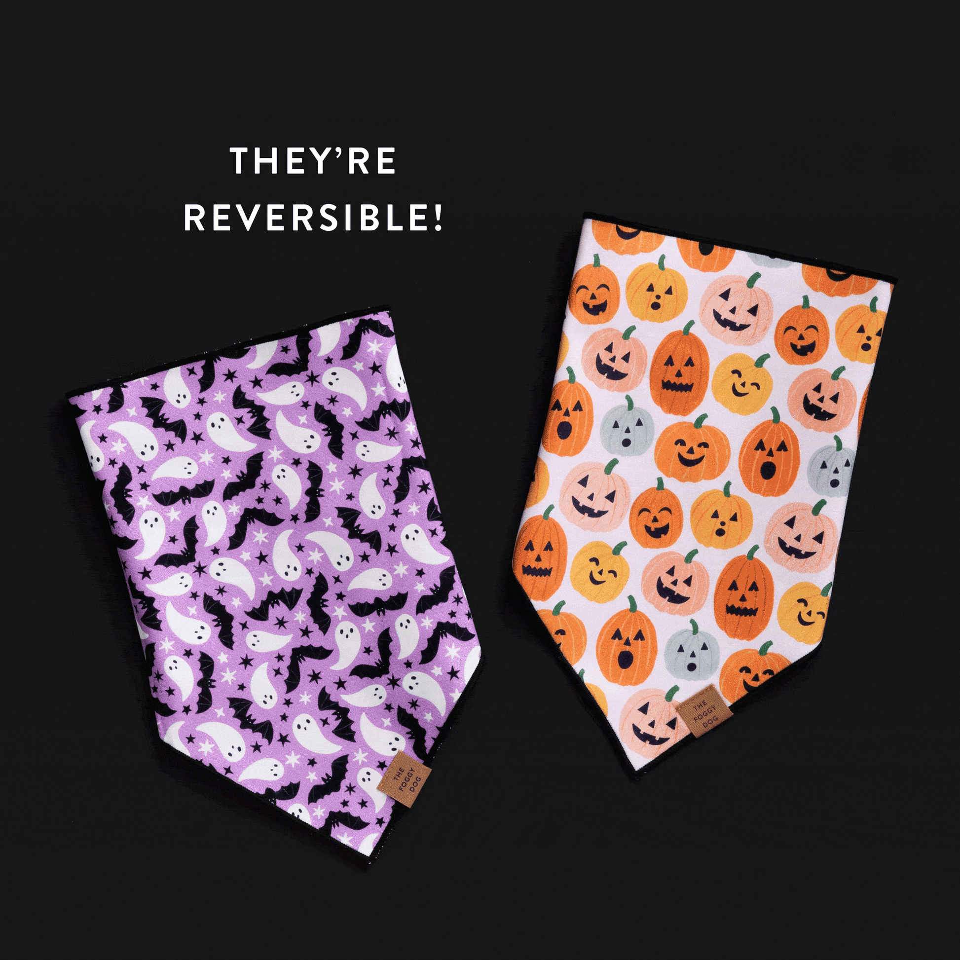 Lilac Ghost & Bat Halloween Reversible Dog Bandana, Triangle Tie