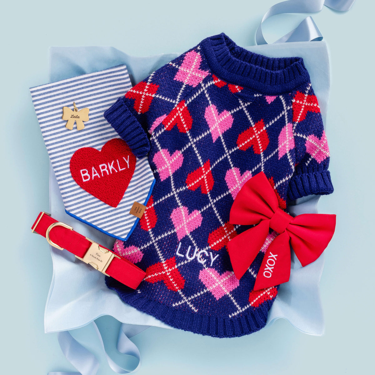 Red Heart Applique Dog Bandana with Blue Stripes and Blue Hem