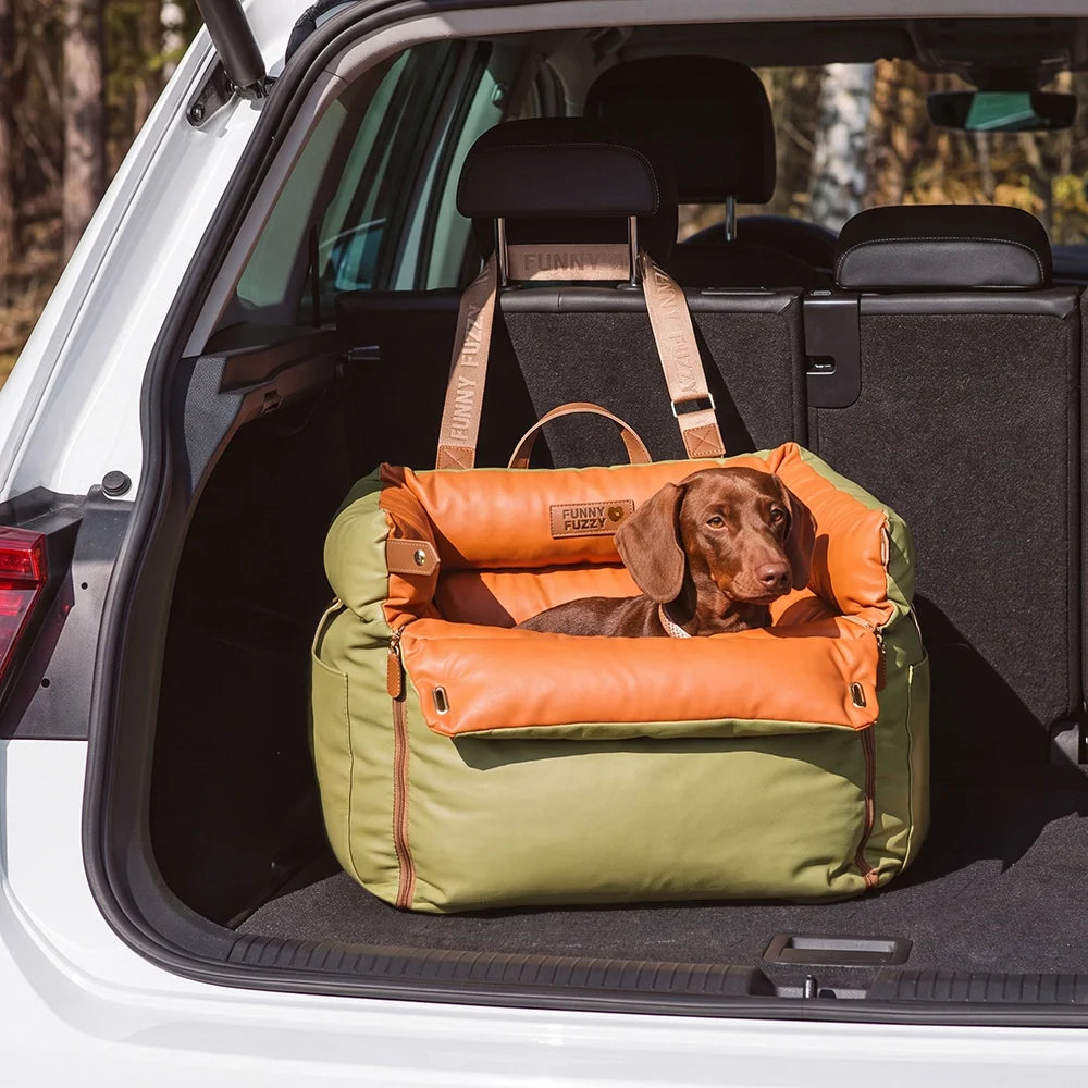 Faux Leather Dog Car Booster Bed with Safety Leash, Waterproof