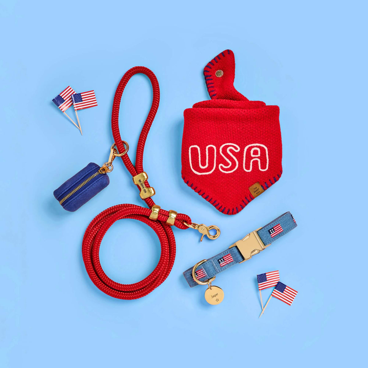 Denim Blue American Flag Embroidered Cotton Dog Collar