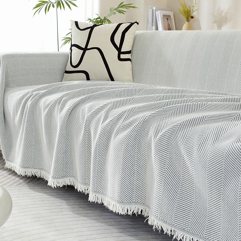 Herringbone Chenille Couch Cover Throw with Tassel Edges