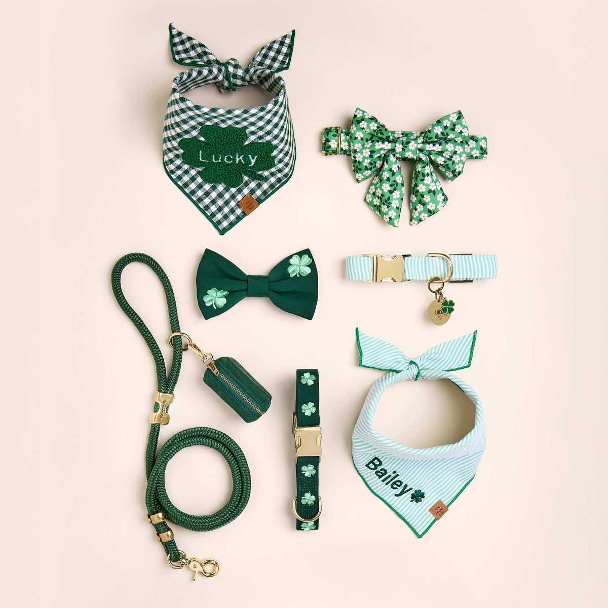 Green Clover Embroidered Dog Collar with Metal Hardware