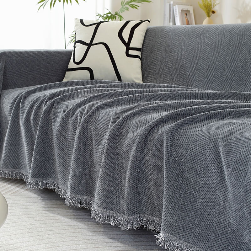 Herringbone Chenille Couch Cover Throw with Tassel Edges