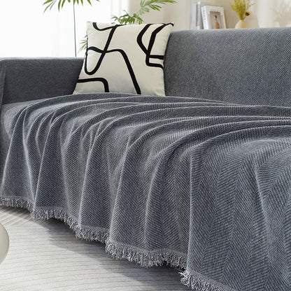 Herringbone Chenille Couch Cover Throw with Tassel Edges