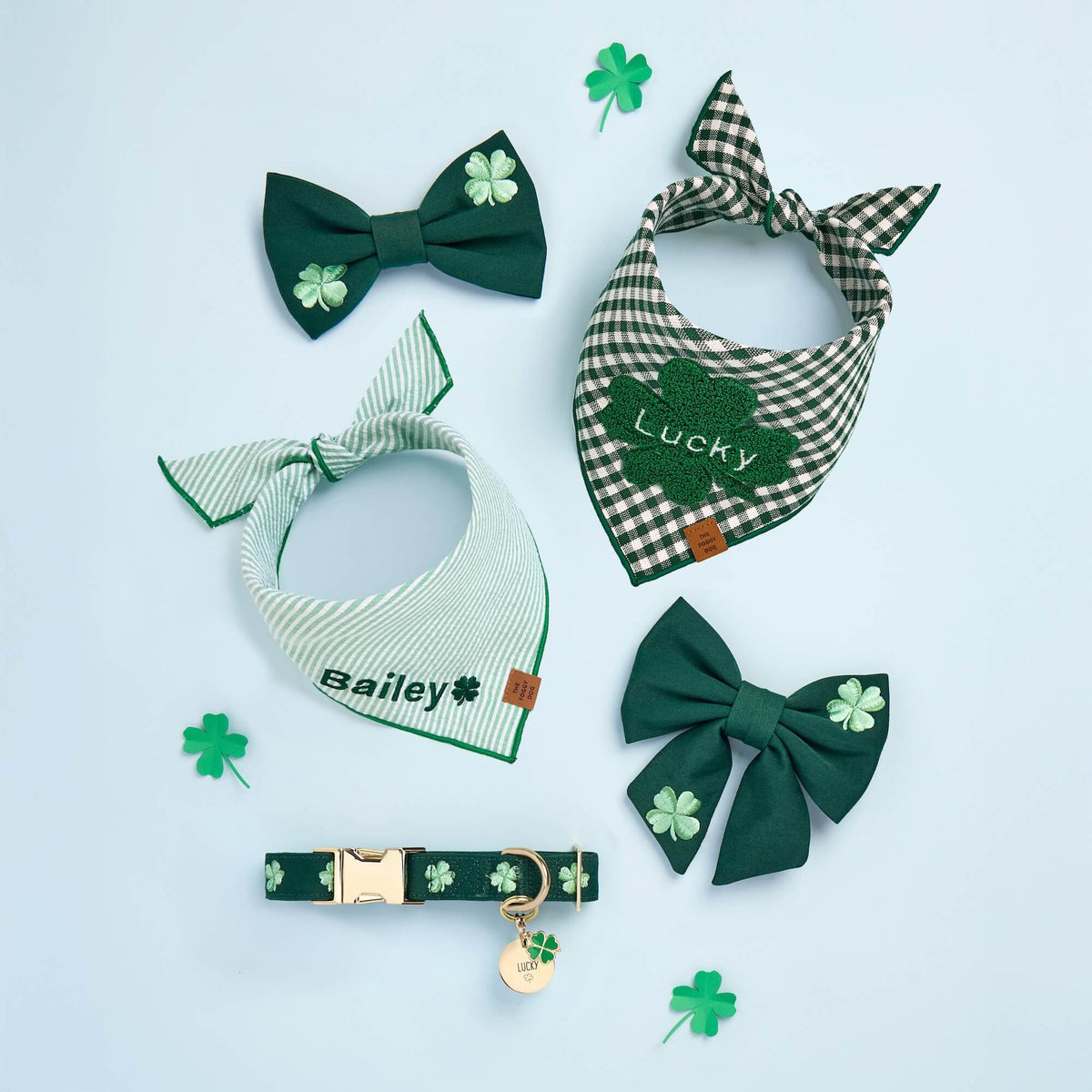 Green Clover Embroidered Dog Collar with Metal Hardware
