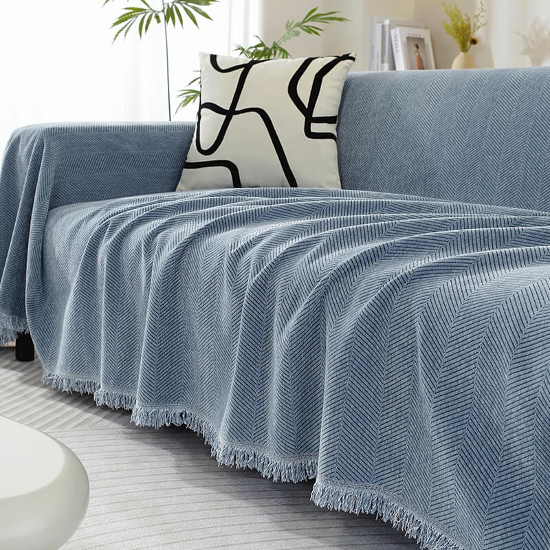 Herringbone Chenille Couch Cover Throw with Tassel Edges