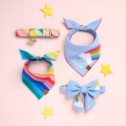 Rainbow Stripe Cotton Dog Collar with Gold Hardware