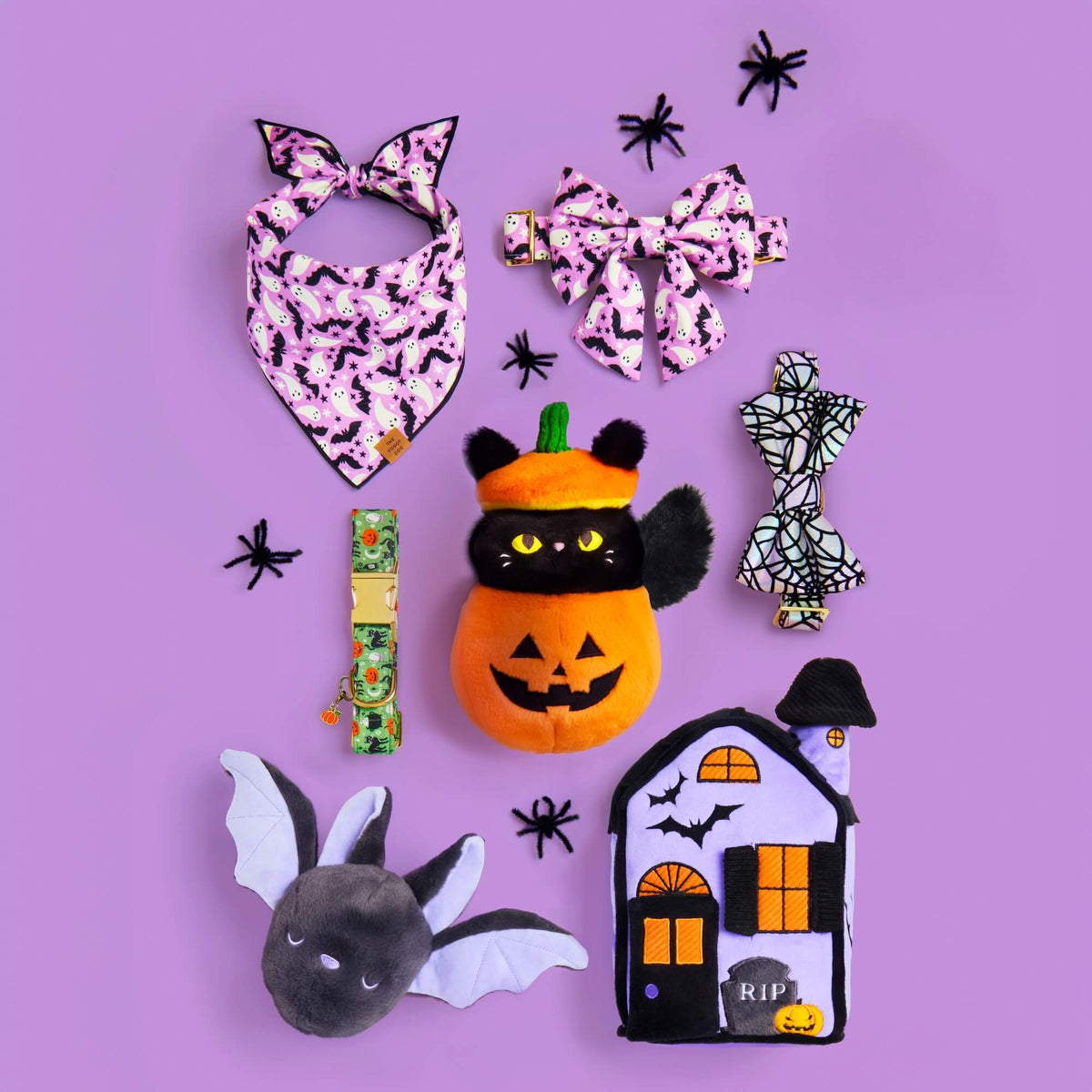Lilac Ghost & Bat Halloween Reversible Dog Bandana, Triangle Tie