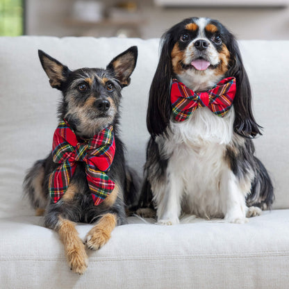 Red Tartan Plaid Flannel Dog Collar with Removable Bow Tie