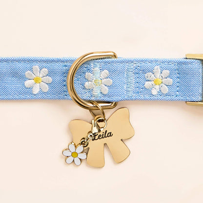 Light Blue Daisy Embroidered Cotton Dog Collar, Sizes XS to Large