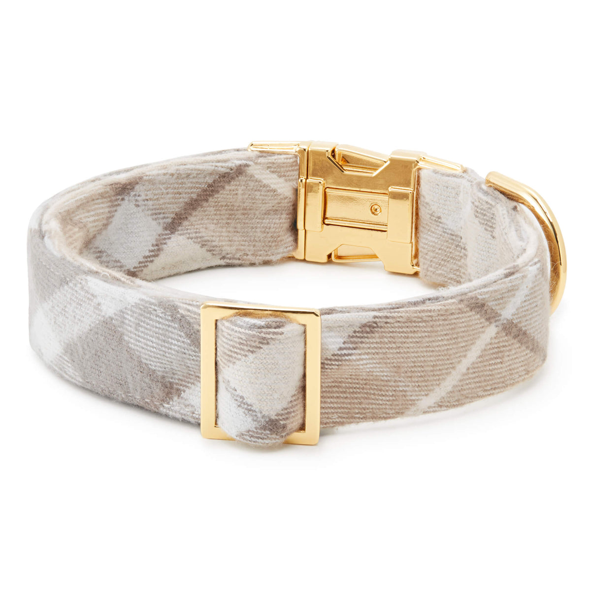 Beige & Cream Plaid Flannel Dog Collar with Gold Hardware