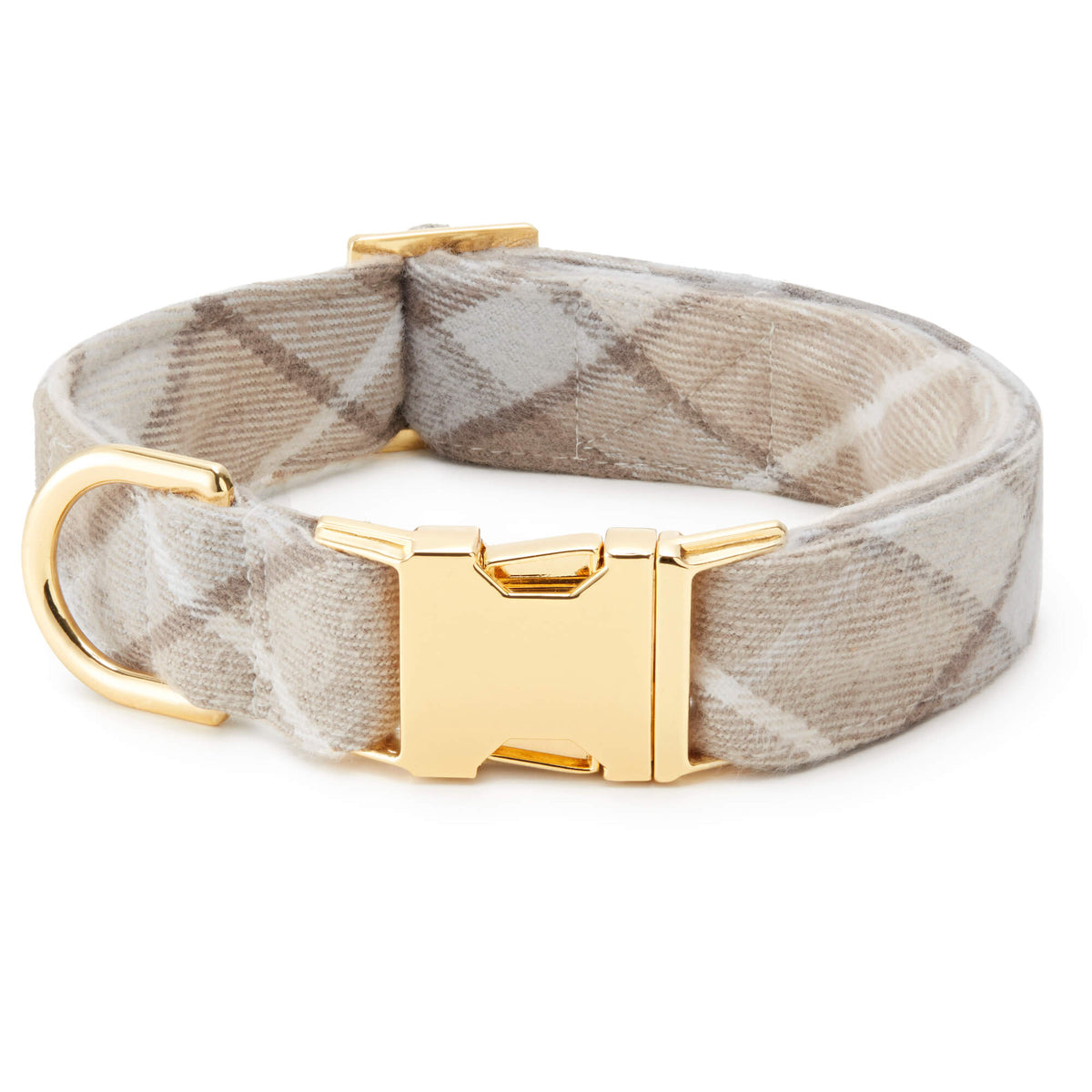 Beige & Cream Plaid Flannel Dog Collar with Gold Hardware