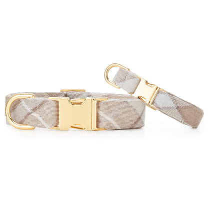 Beige & Cream Plaid Flannel Dog Collar with Gold Hardware