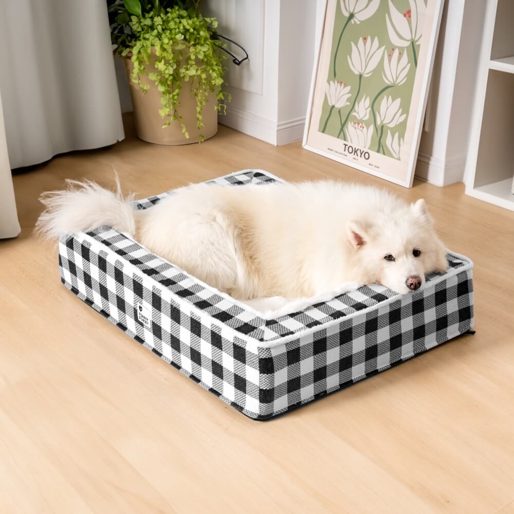 Tartan Calming Dog Bed with Raised Bolsters and Plush Lining