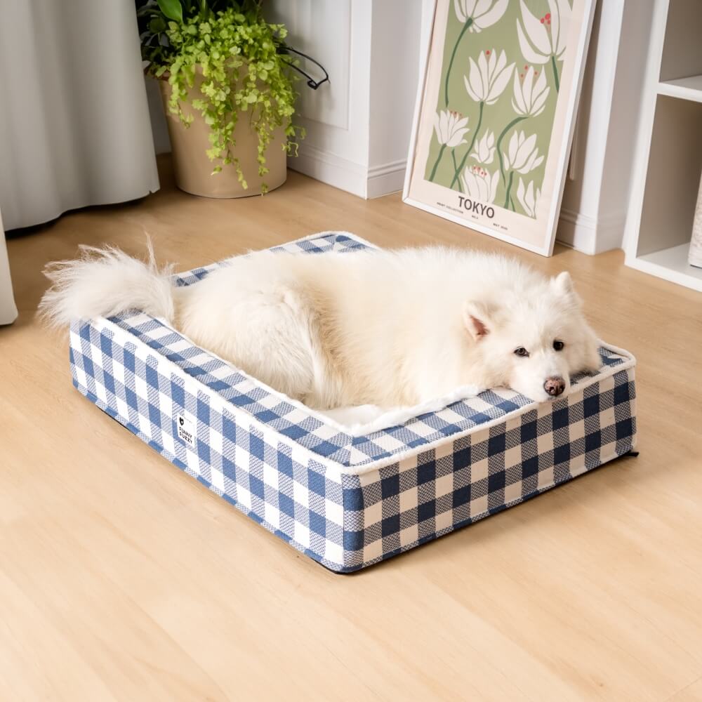 Tartan Calming Dog Bed with Raised Bolsters and Plush Lining