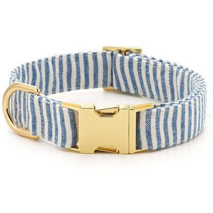 Blue & White Striped Cotton Dog Collar with Brass D-Ring