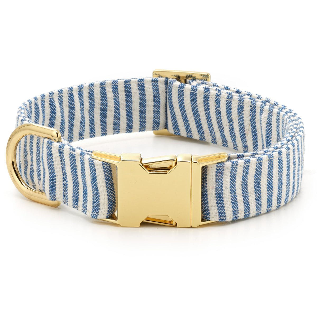 Blue Striped Cotton-Linen Dog Collar and Rope Leash Walk Set