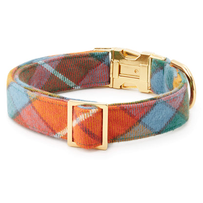 Orange & Blue Plaid Flannel Dog Collar with Gold Hardware