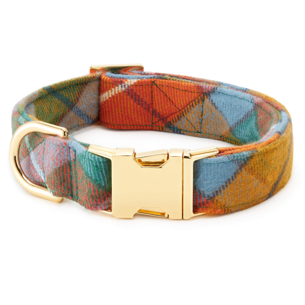 Orange & Blue Plaid Flannel Dog Collar with Gold Hardware