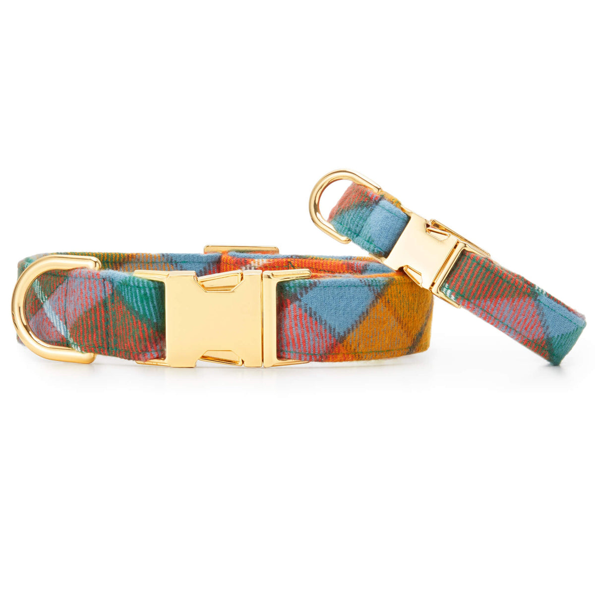 Orange & Blue Plaid Flannel Dog Collar with Gold Hardware