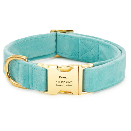 Aqua Blue Velvet Dog Collar, Sizes XS to Large