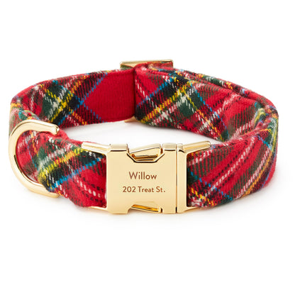 Red Tartan Plaid Flannel Dog Collar with Brass D-Ring