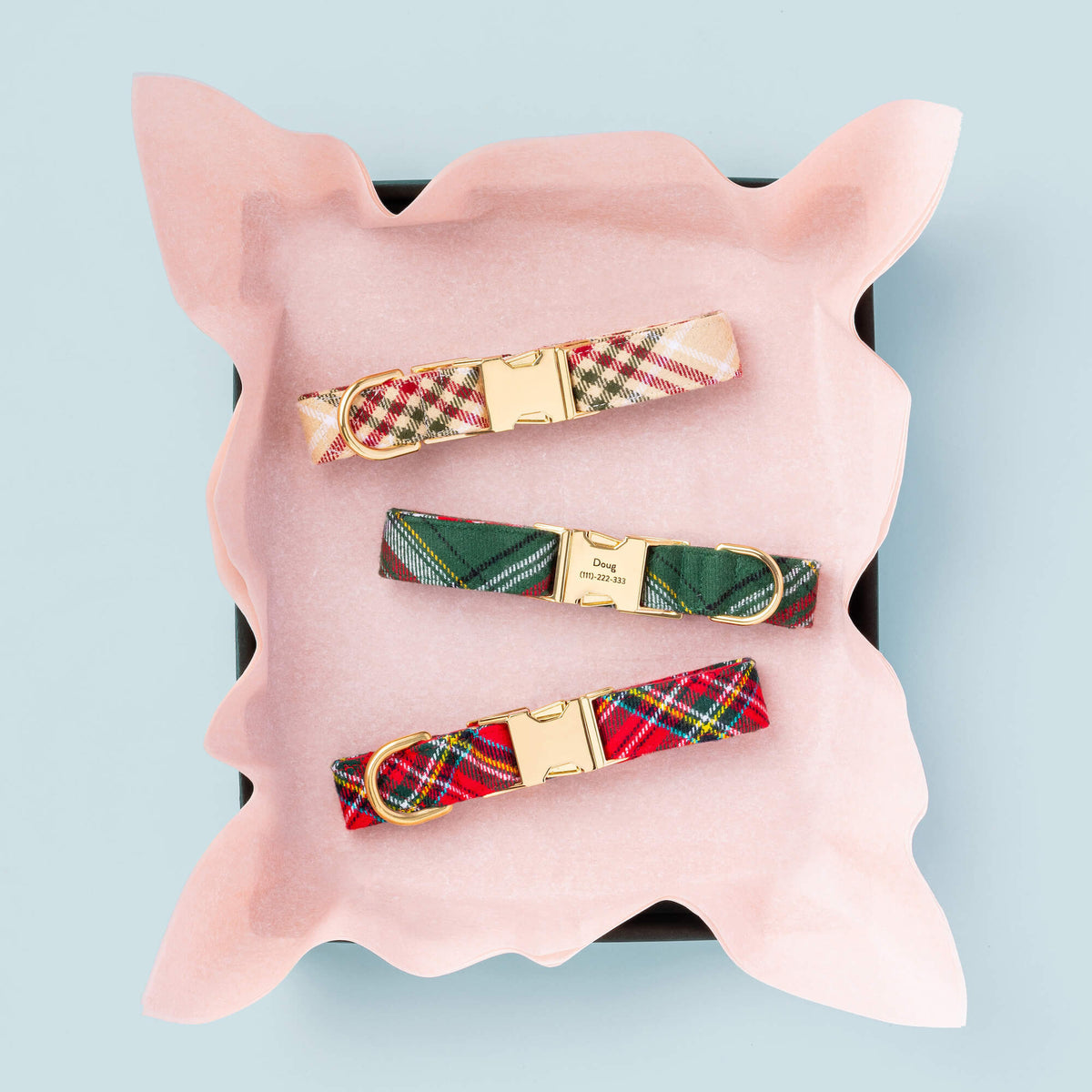 Green & Red Plaid Flannel Dog Collar with Gold Hardware