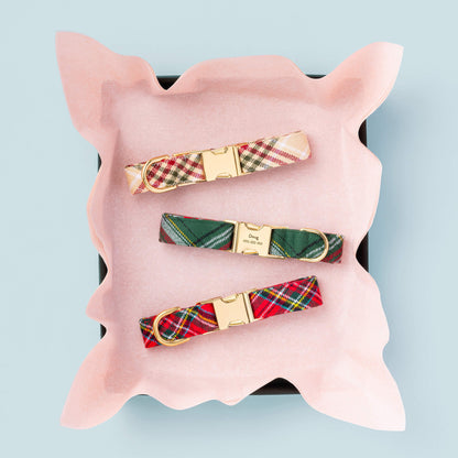 Green & Red Plaid Flannel Dog Collar with Gold Hardware