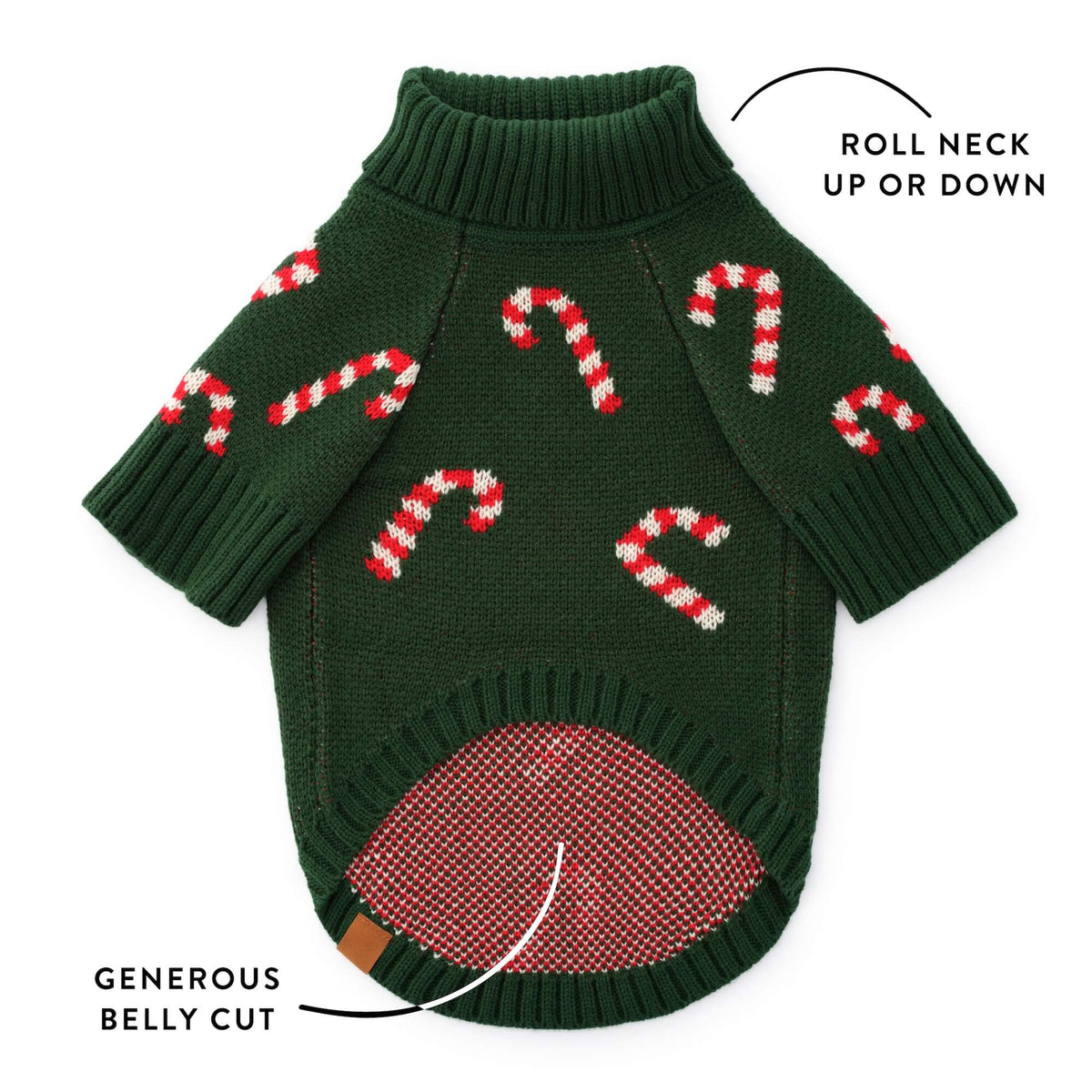 Green Candy Cane Knit Turtleneck Dog Sweater with Leash Hole