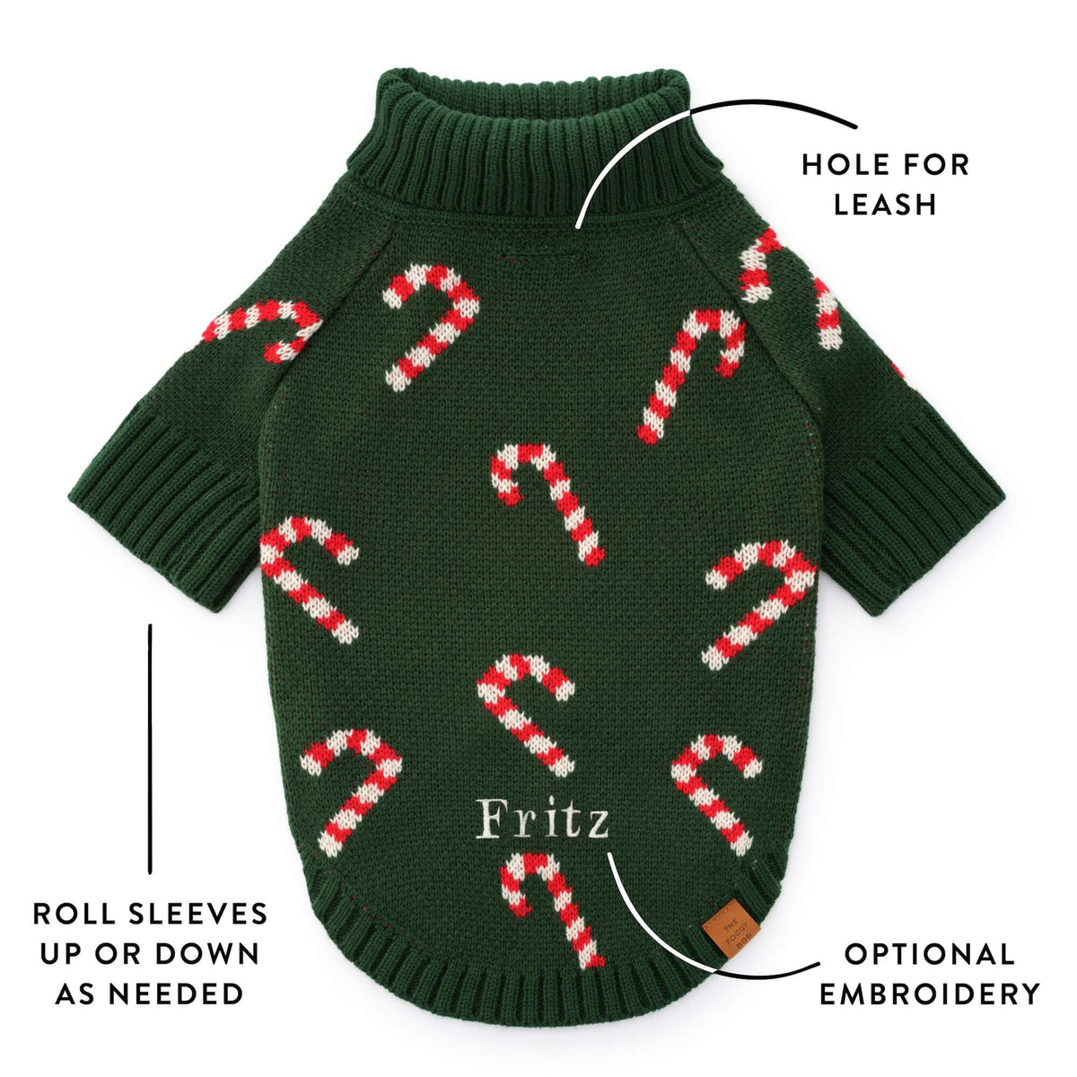 Green Candy Cane Knit Turtleneck Dog Sweater with Leash Hole