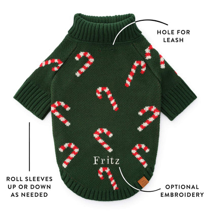 Green Candy Cane Knit Turtleneck Dog Sweater with Leash Hole