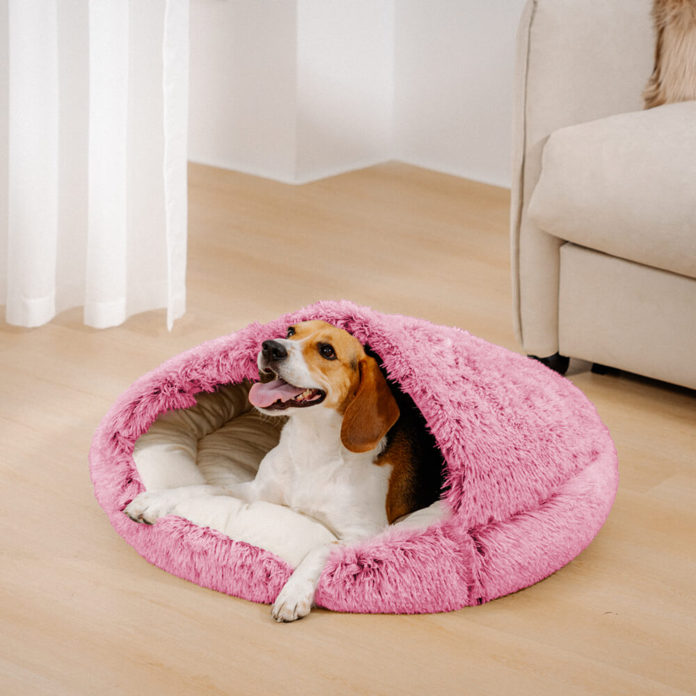 Plush Semi-Enclosed Pet Nest Bed with Flip-Over Top