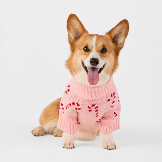 Pink Candy Cane Turtleneck Dog Sweater, Machine Washable