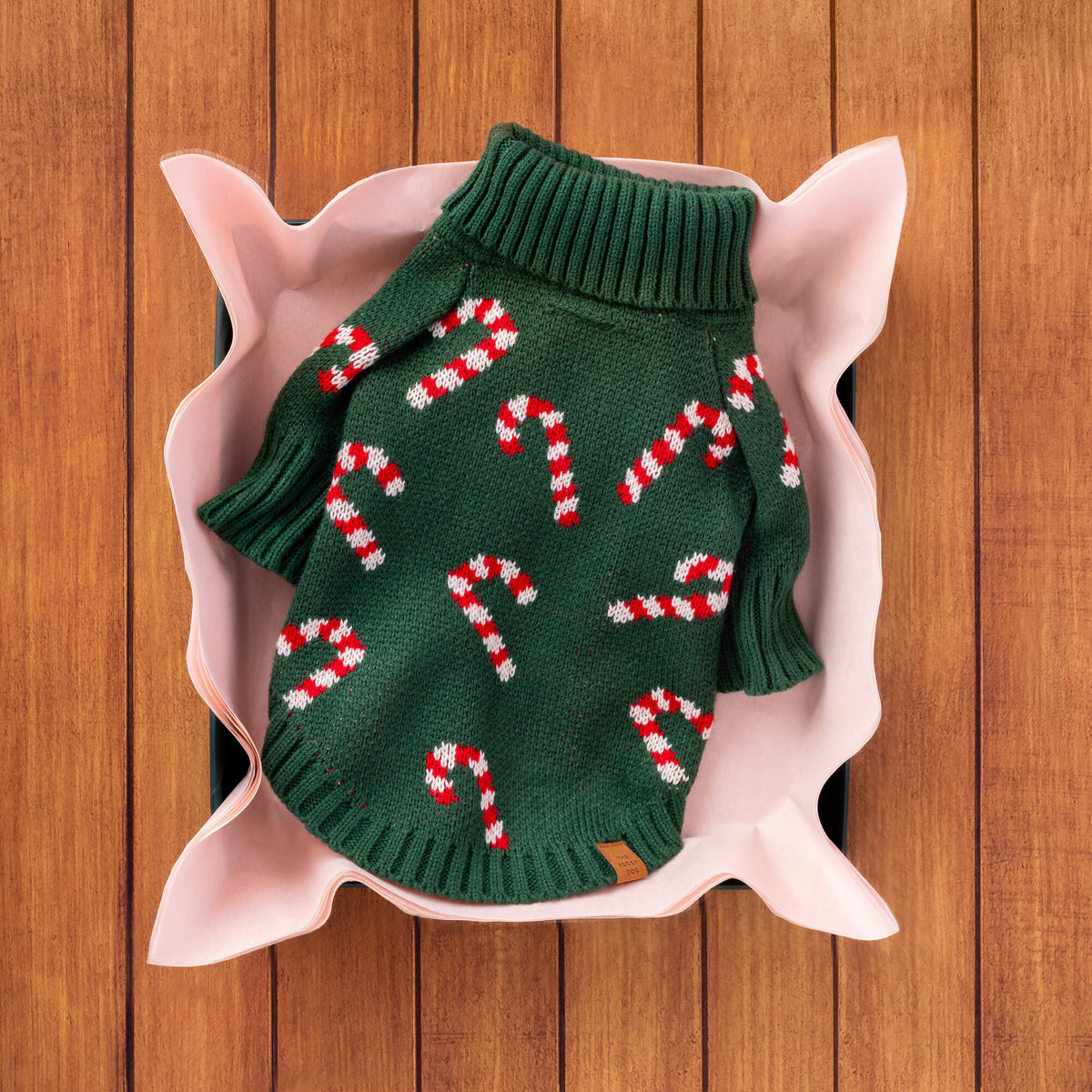 Green Candy Cane Knit Turtleneck Dog Sweater with Leash Hole