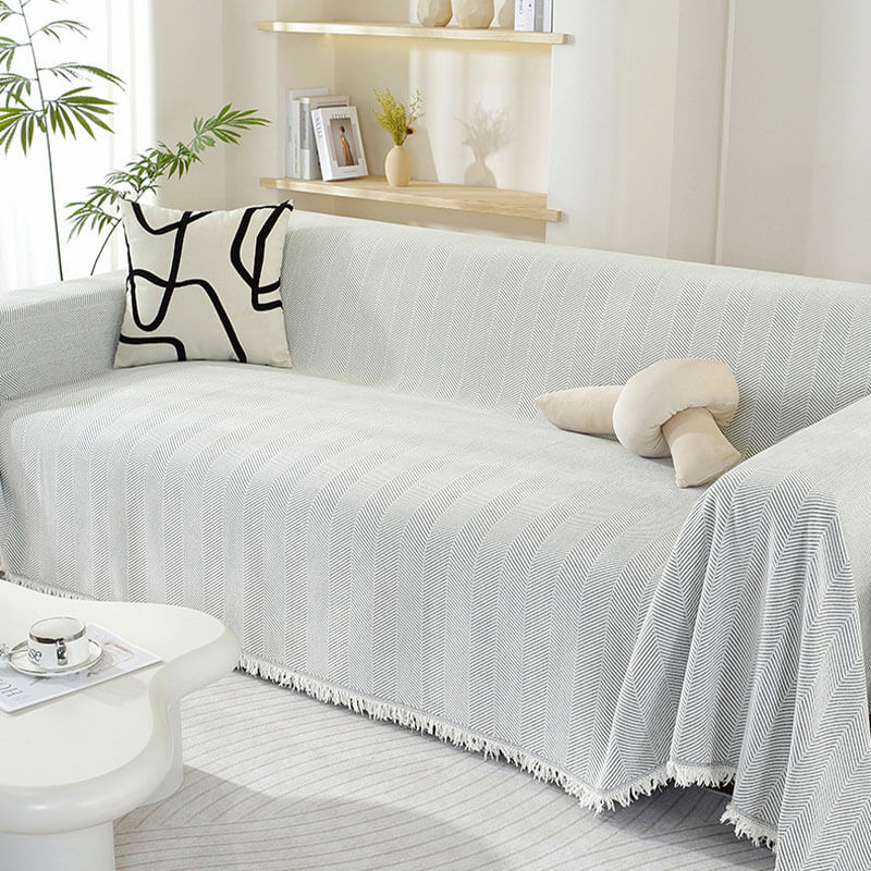 Herringbone Chenille Couch Cover Throw with Tassel Edges