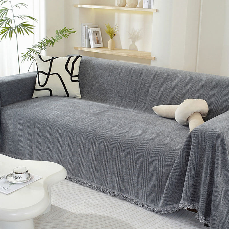 Herringbone Chenille Couch Cover Throw with Tassel Edges
