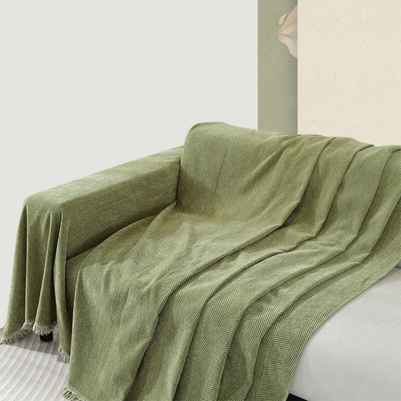 Herringbone Chenille Couch Cover Throw with Tassel Edges